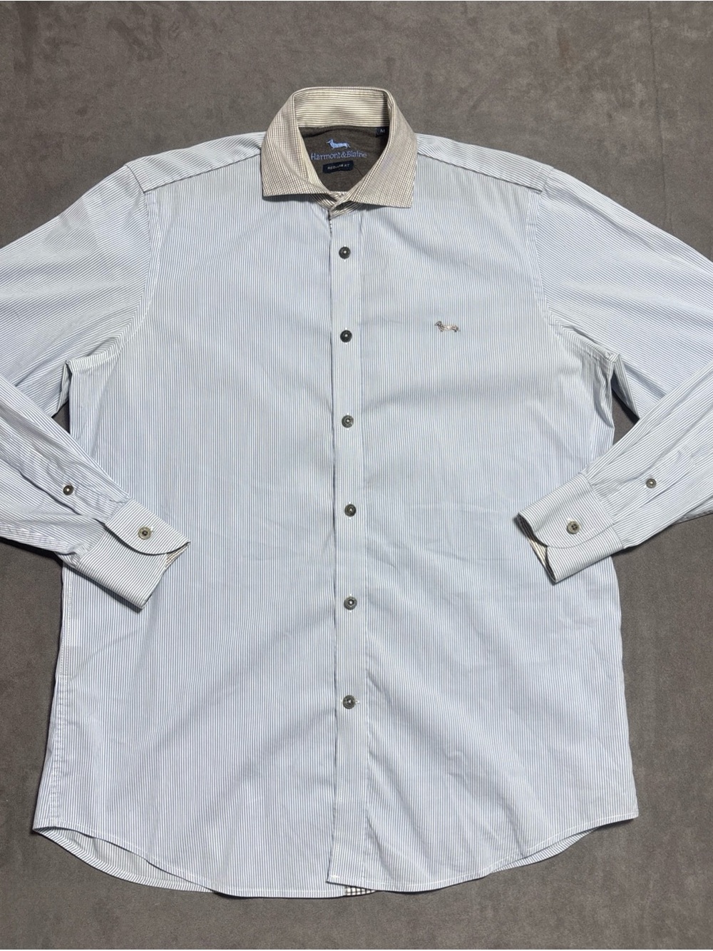Harmont & Blaine Shirt Mens M Blue Stripe Elbow Patches Dachshund Logo LS